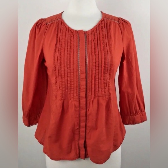 NWOT ANTHROPOLOGIE Meadow Rue Womens Fluted 3/4 Sleeve Pleated Cotton Button Top - Picture 3 of 8